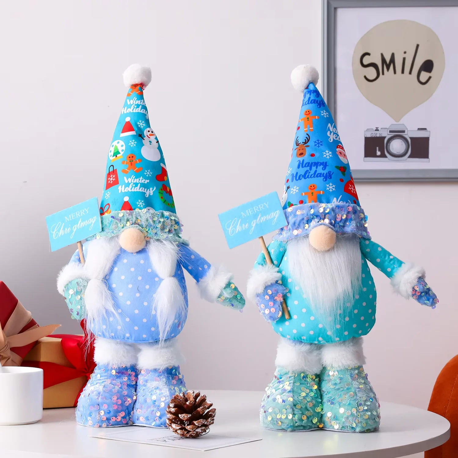 MAIMAI Xmas Ready To Ship Noel Navidad Natale 49cm Blue Stretchable Faceless Gnome Doll High-end Sequins Fabric Christmas Gnome