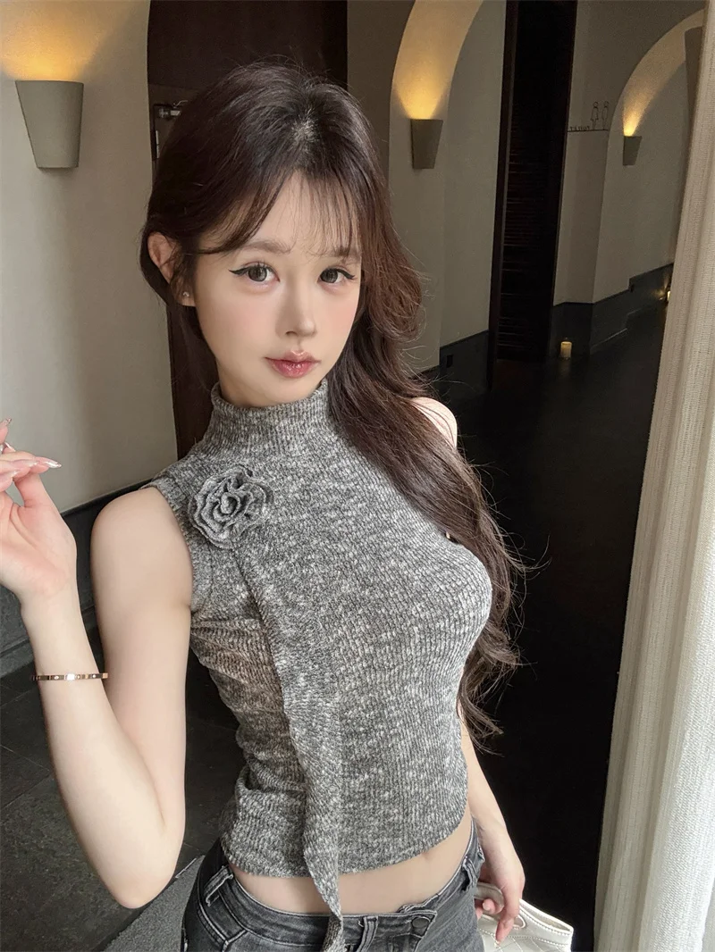 

ay 3D Flower Sa Crop Top Women's Outerwear Spring Summer Slim Fit Belly Baring Svel irt Korean Sle Commute Faion