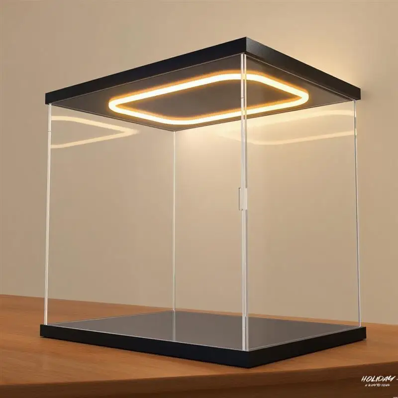 

Assemble Clear Acrylic Display Cabinet with Door and 3D Ring LED Light Action Figure Storage Box, Car Model Display Case