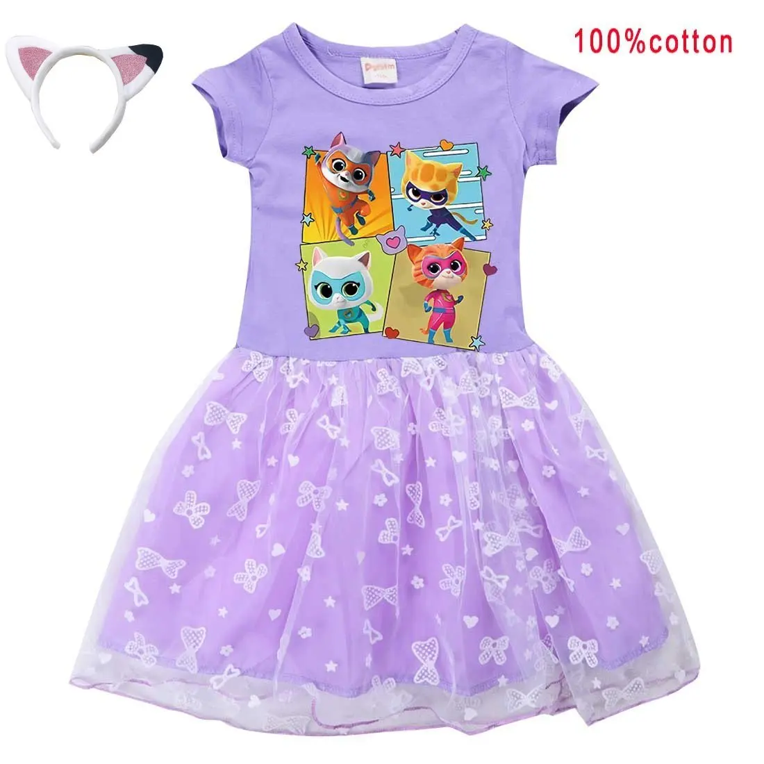 

SuperKitties Costume Baby Girls Super Kitties Dresses with Headband Kids Casual Skirts Toddler Girls Short Sleeves A-Line Dress