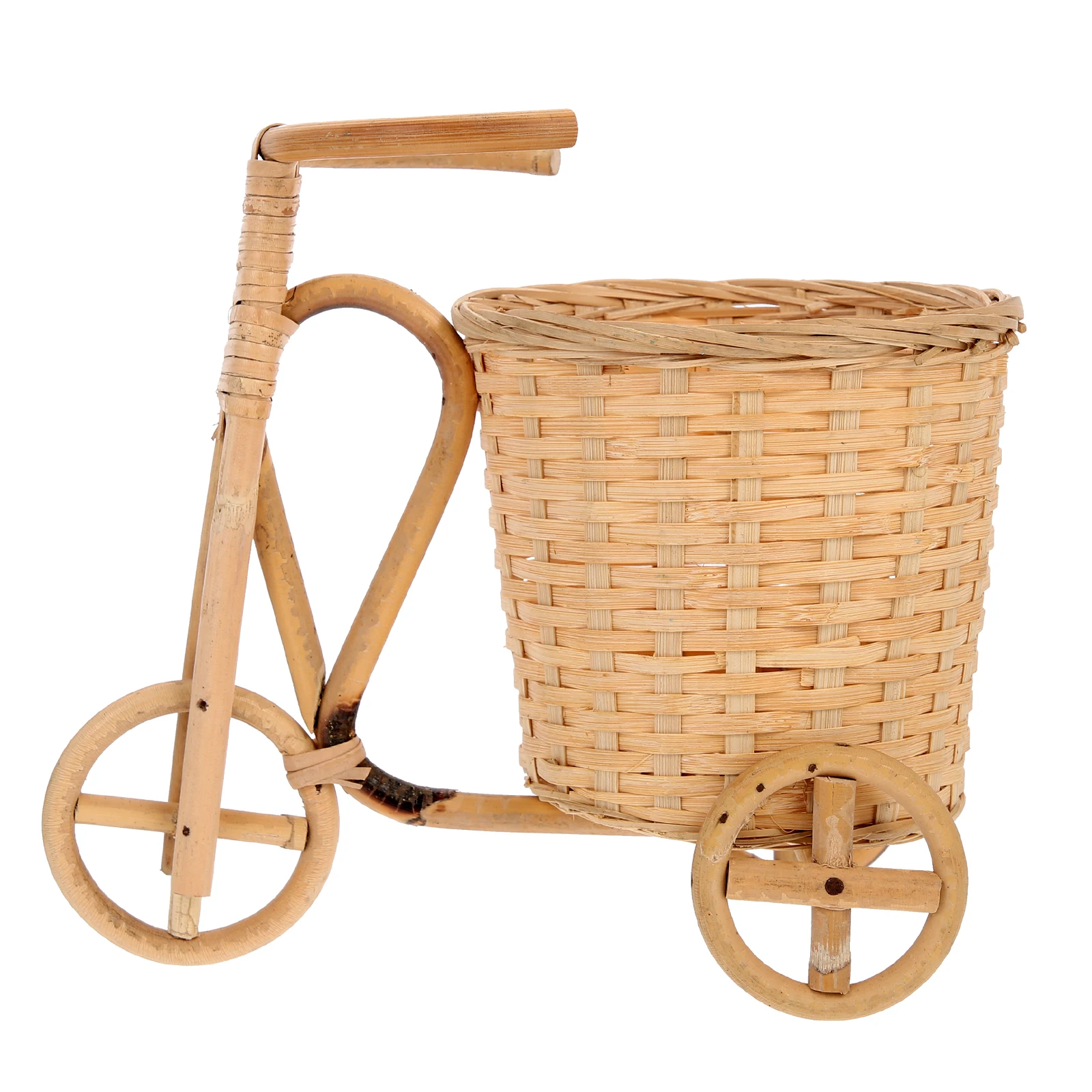 

Woven Bamboo Tricycle Basket Round Flower Pot Decor Mini Desktop Baskets Storing Food Fruit H made nament