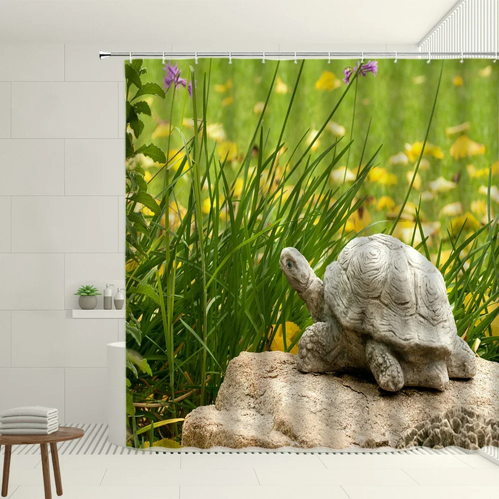 Garden Landscape Shower Curtain Stone Turtle Creative Grass Animals Elephant Butterfly Flower Decor Cloth Curtains Bathroom Sets