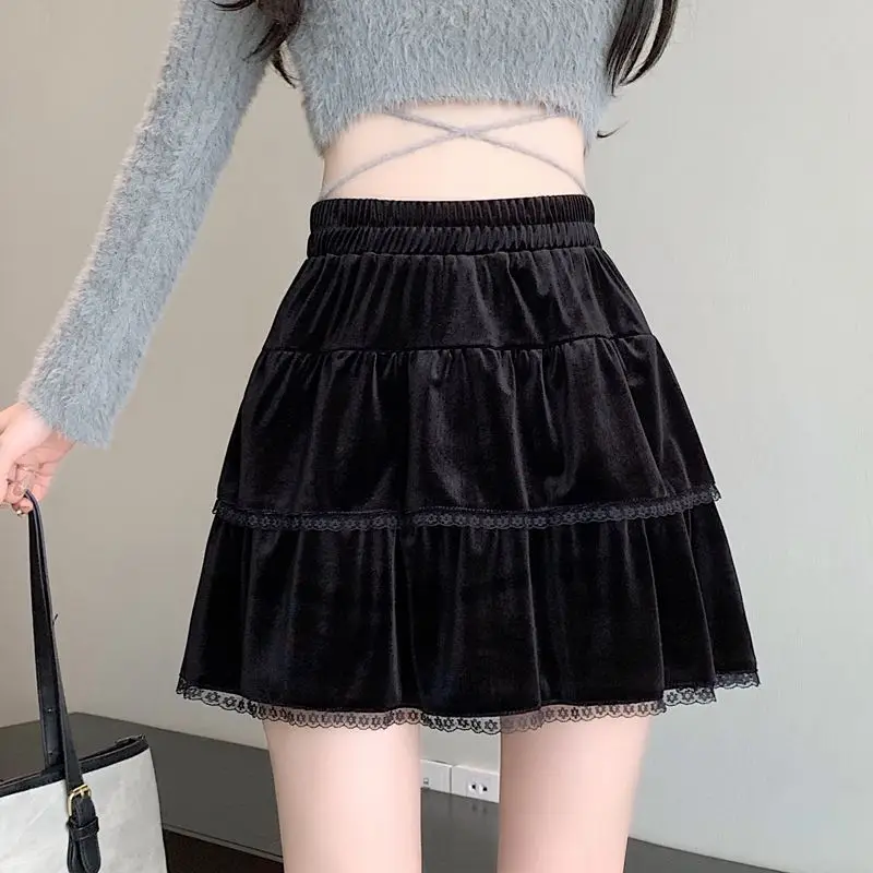 

Роскошная бархатная юбка с изысканной вышивкой и кружевом, приподнимающая фигуру, плиссированная юбка в корейском стиле, облегающая расклешенная юбка