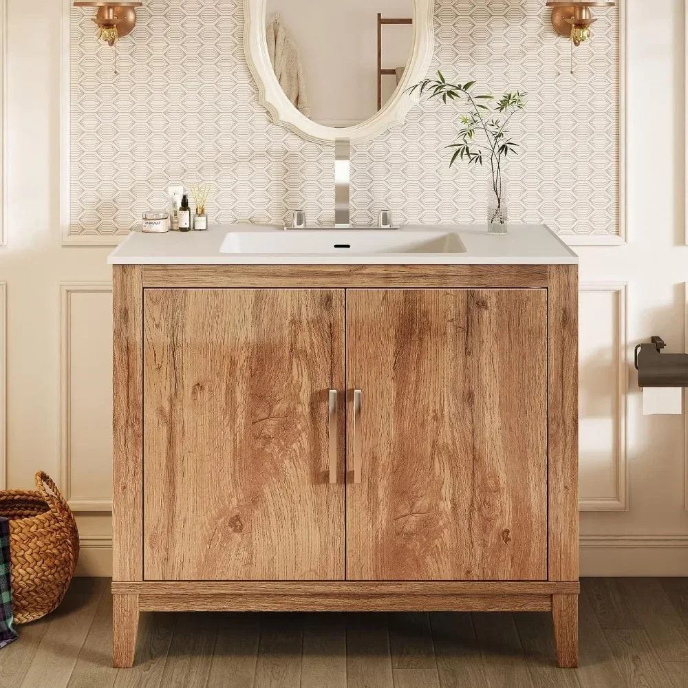 Bathroom Vanity with Sink Combo,Single Sink Bathroom Vanity with High Gloss Wood Grain,Farmhouse Bathroom Vanity with Storage