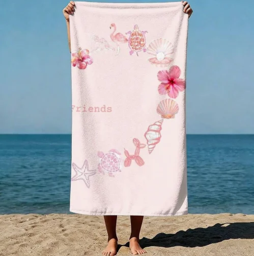 Tropical Ocean Style Pink Marine Life and Flowers Watercolor Beach Towels Swimming Pool Microfiber Free Fast Drying Beach Towel
