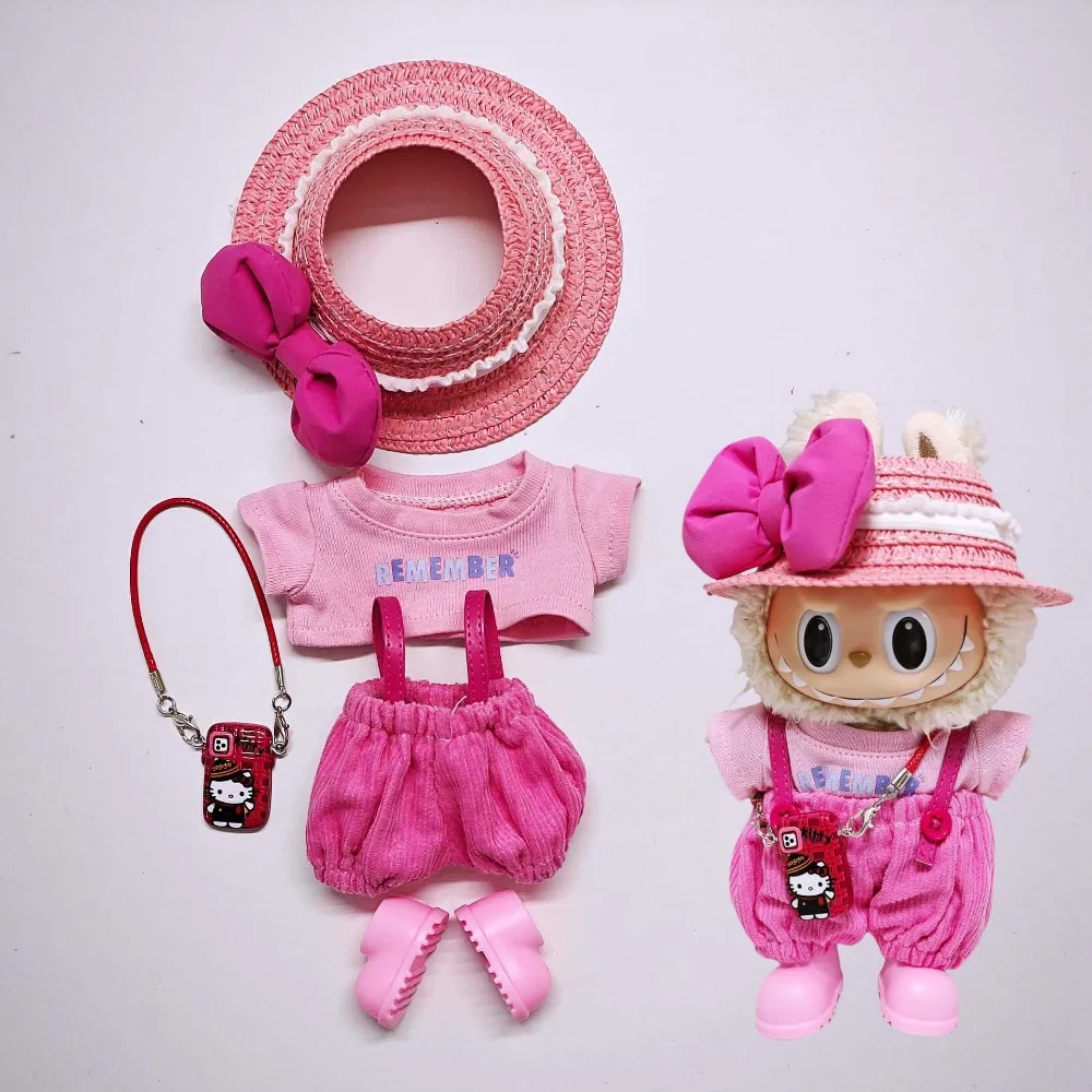 

For 17cm Labubu V1V2 Clothes Outfit Plush Doll Clothes Macaron Hello Kitty Cute Clothing DIY Kid Gift Clothes Hair Accessories