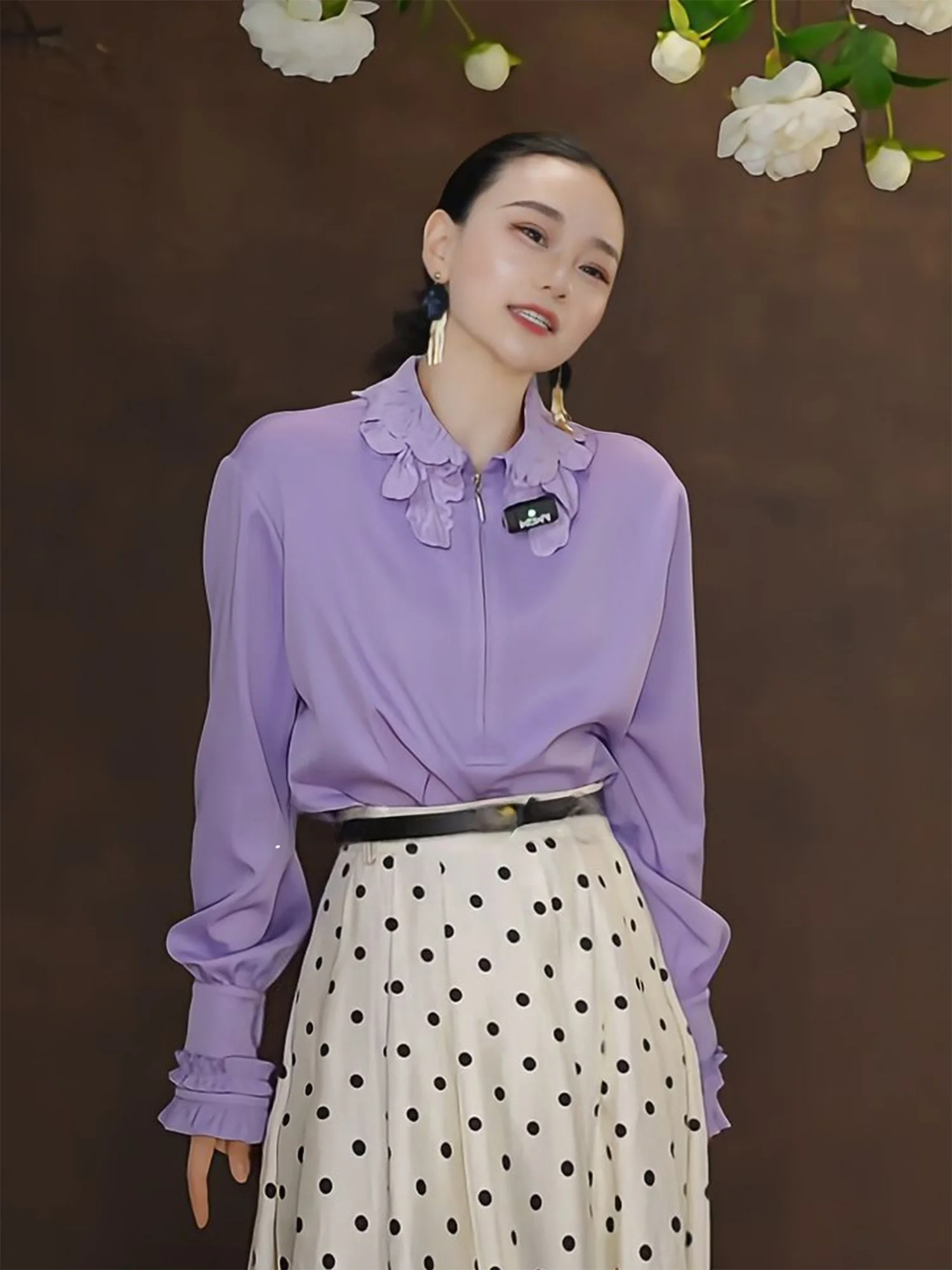 

Ele Purple irt Women's Faionable Spring 2026 Unique Design Age-Defng Luxury Feel Loose Fit Long Sve Zipper Closure