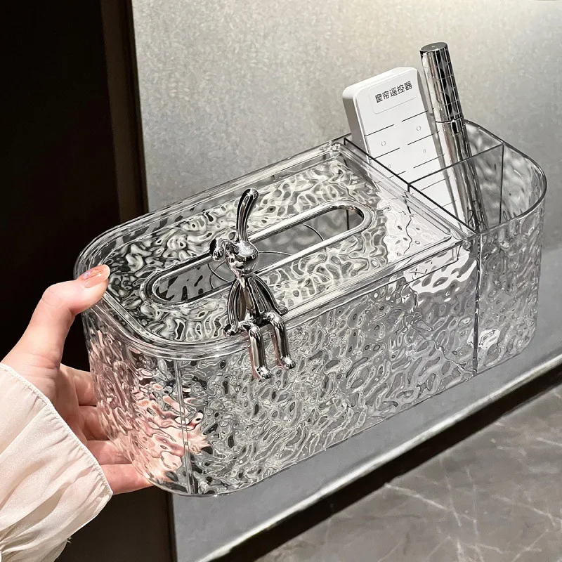 Acrylic Transparent Rabbit Tissue Box Living Room Desktop High Aesthetic Storage Box Wave Pattern Drawstring Design