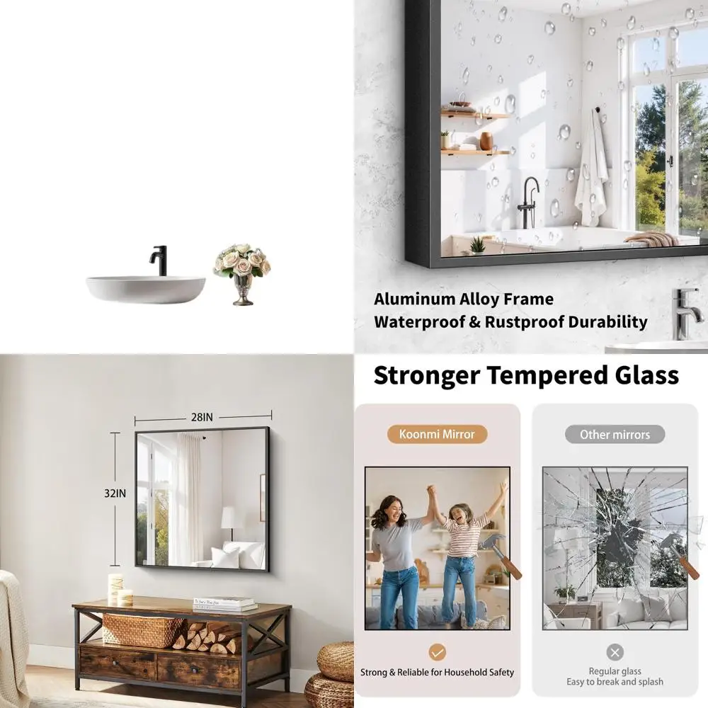 

32x28 Tempered Glass Bathroom Mirror, Shatterproof, HD Clarity, Horizontal/Vertical Mount, Matte Alloy Frame