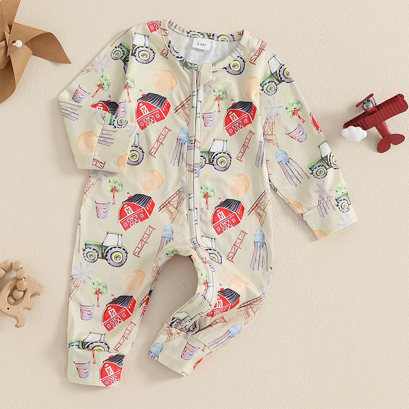 

Cute Toddler Unisex Animal Pajamas Long Sleeve Round Neck Zipper Front Farm Print Jumpsuit Sleepwear