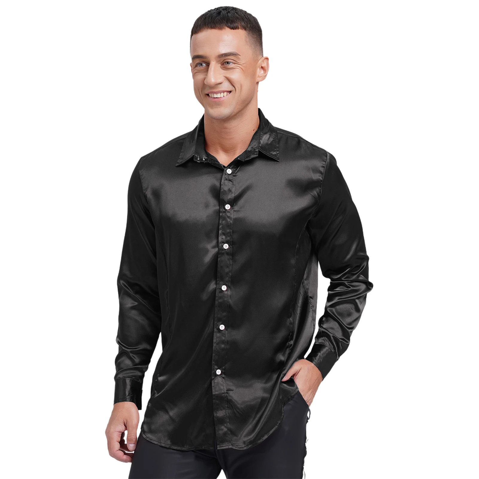 Mens Shiny Satin Luxury T-Shirt Slim Fit Silk Casual Dance Party Long Sleeve Fitted Wrinkle Free Shirts Office Work Solid Shirts