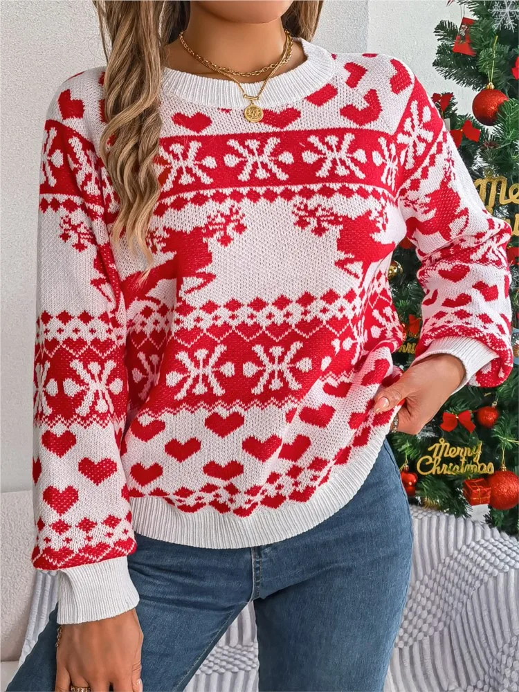 Christmas Sweater For Women 2024 Autumn/Winter Crew Neck Fashion Printing Winter Xmas Clothes Women Knitting Pullover