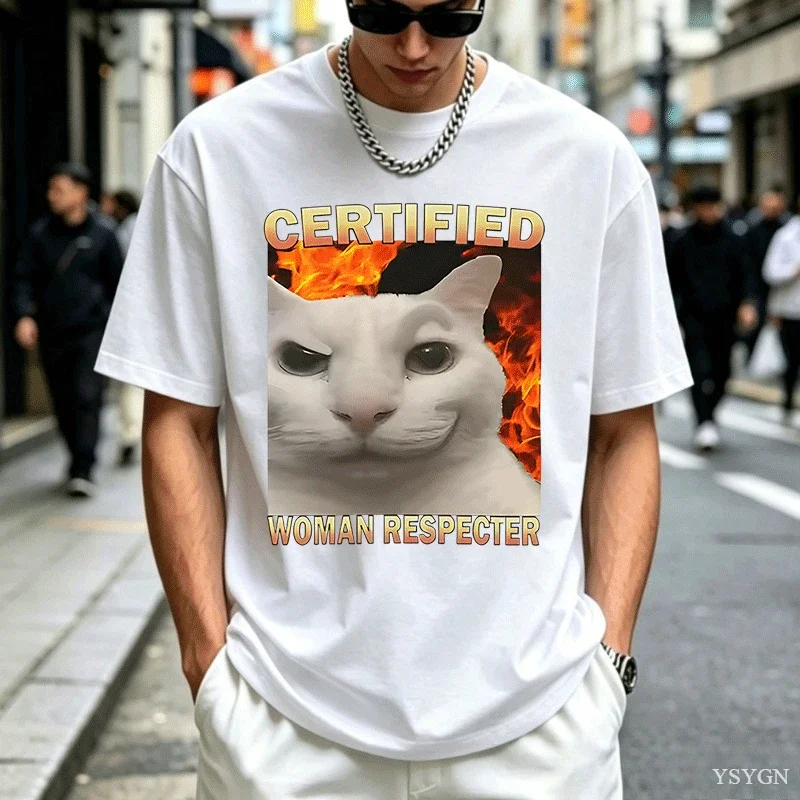 Certified Woman Respecter Funny Cat Meme T Shirt Men's Women Clothing Fashion Vintage Short Sleeve T-shirt Cotton Casual T-shirt