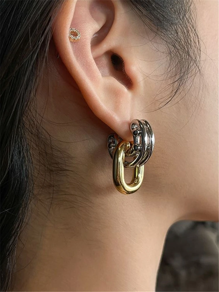 Design temperament two-color metallic texture splicing pendant female stud earrings fashion jewelry cocktail earrings