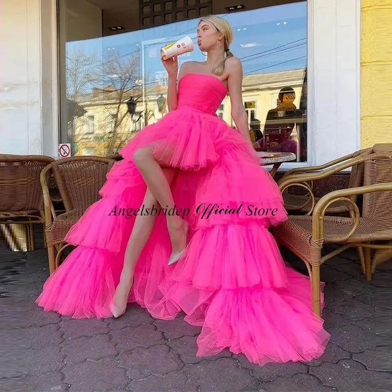 customized Tulle Prom Gown Party Dresses High Low Long Evening Formal Dress Detachable Train Sexy Graduation Dress Customized