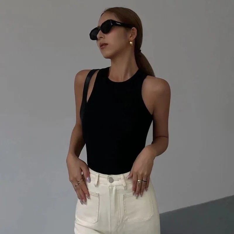 Canotta da donna corta sexy con spalle scoperte o collo solido gilet sportivo casual lavorato a maglia a costine canotta elastica di base