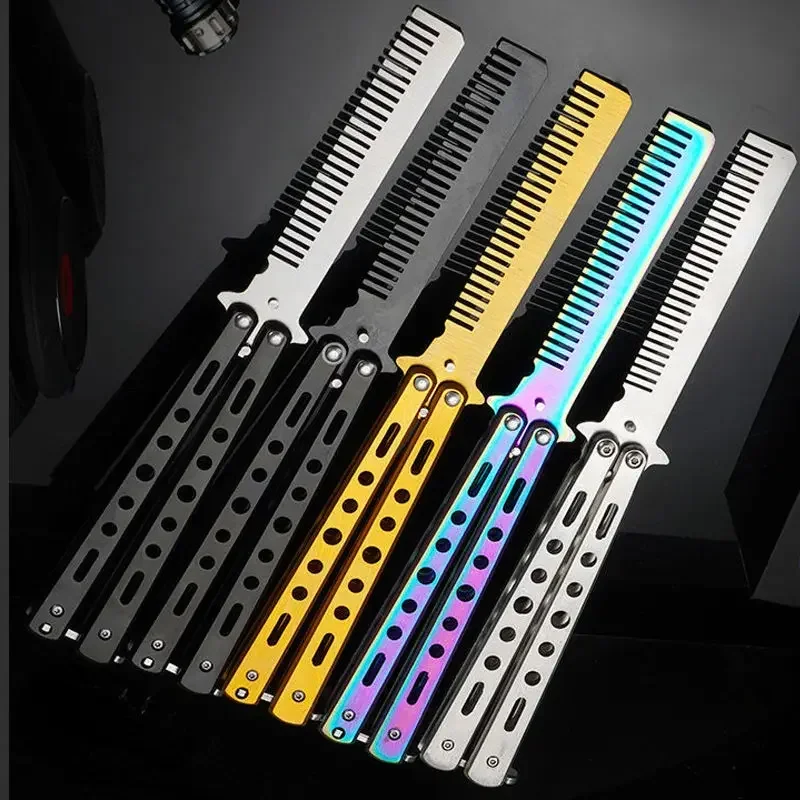 Foldable Comb Stainless Steel Practice Training Butterfly Knife Comb Beard Moustache Brushe Salon Hairdressing Styling Tool