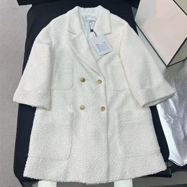Customization European women's fashion 2026 spring new style Seven-quarter sleeve double-buttoned white tweed coat