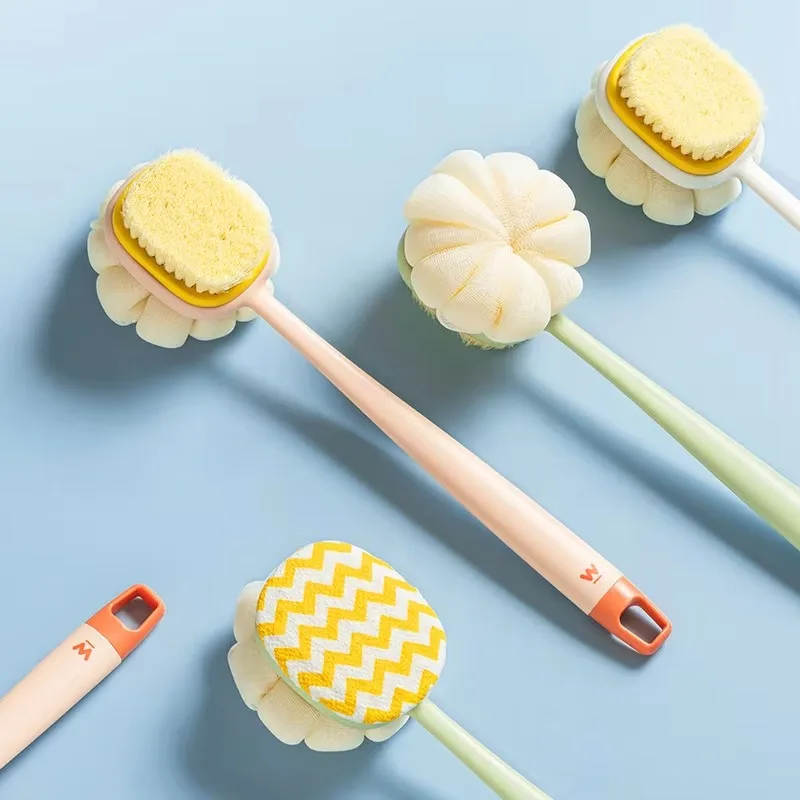 Silicone Long Handle Shower Brush with Soft Mesh Sponge Exfoliating Brush Body Scrub Back Massage Brush Bathroom Bathing Tool