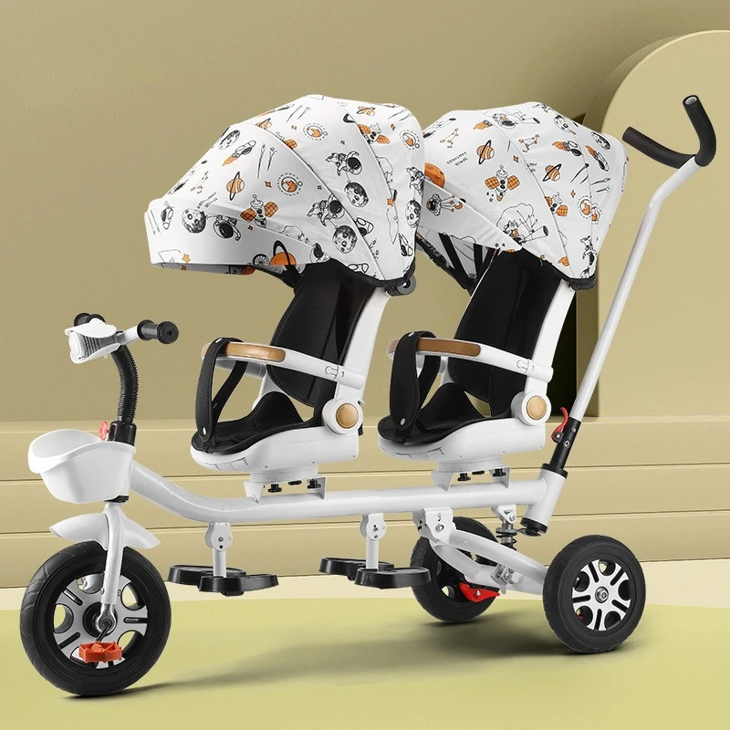 

Kids Tricycle Twin Stroller, Double Seat Ride-On Bike with Reclining Seat, Dual Push Direction, Shock AbsorptionFoldable Frame