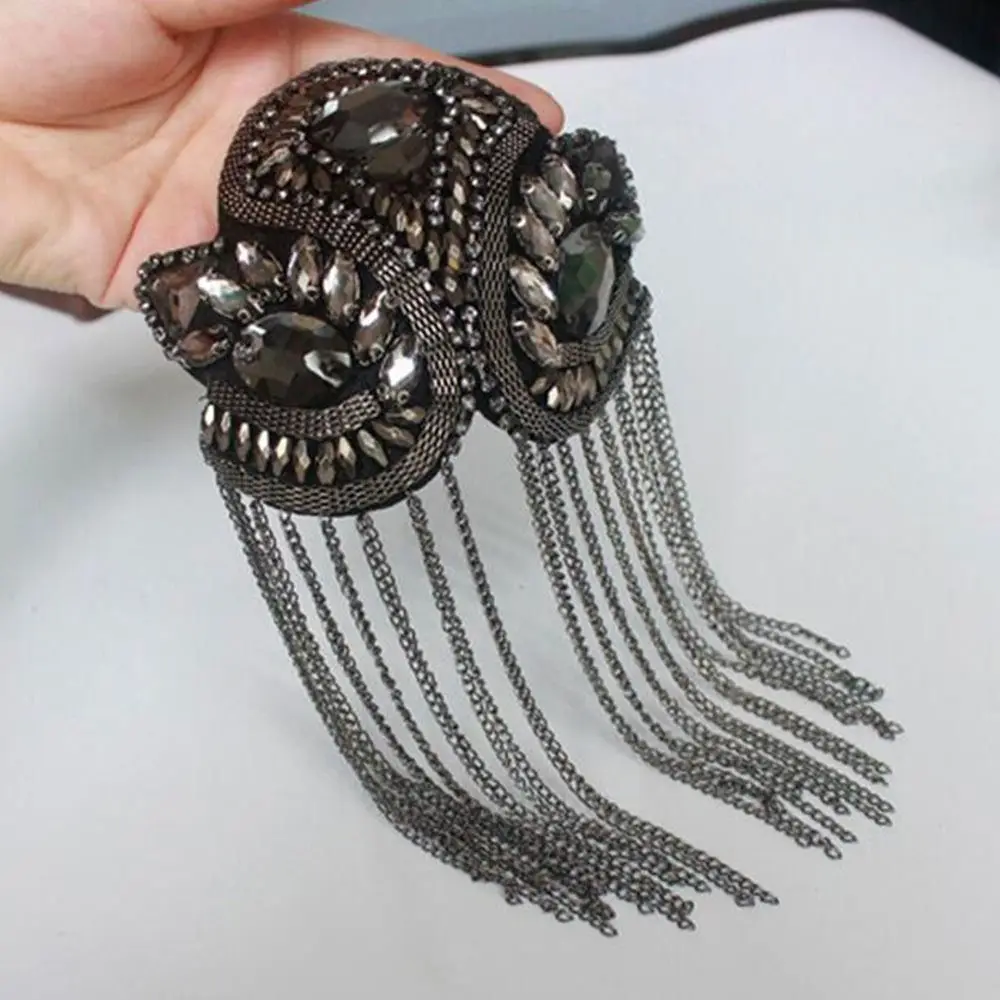 Delicate Handmade Tassel Epaulette Rhinestones Long Chain Brooch DIY Electroplating Shoulder Jewelry Men Women