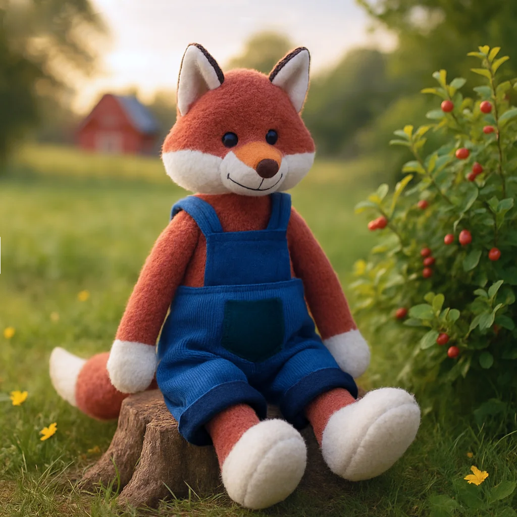 デニムオーバーオールを着た赤いキツネのぬいぐるみ、柔らかいぬいぐるみ人形、漫画の子供向けギフト、家の装飾、かわいいぬいぐるみ、子供の誕生日プレゼント
