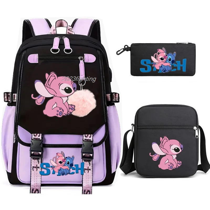 Loli Stitch Backpacks USB 3PCS Large Shoulder Bag Travel Backpack Patchwork Laptop Student School Bags Bagpack Mochila