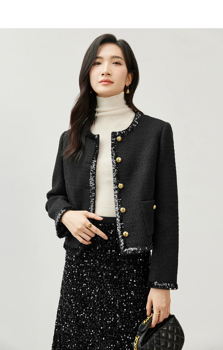 SENTUBILA Sequins Jacket for Women Wool Chic Texture Cropped Crew Neck Long Sleeve 2024 New Winter Jackets & Coat 144W57510