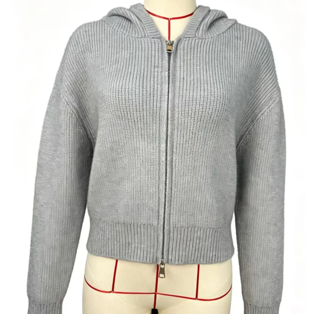 Women's Clothing Zipper Hooded Knitted Cardigan Casual Short Sweater Jacket Simple Style All-match Temperament Commuting Trendy