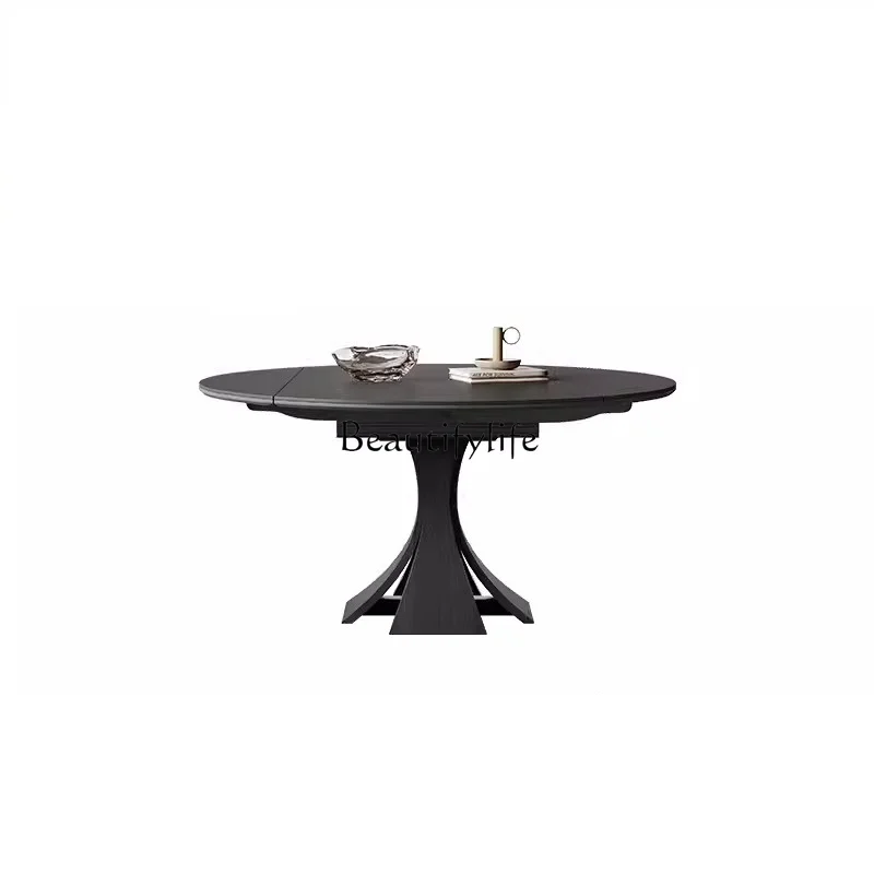 French Retro Pure Black Solid Wood Stone Plate Dining Table Retractable Square and round Dual-Use Modern Minimalist