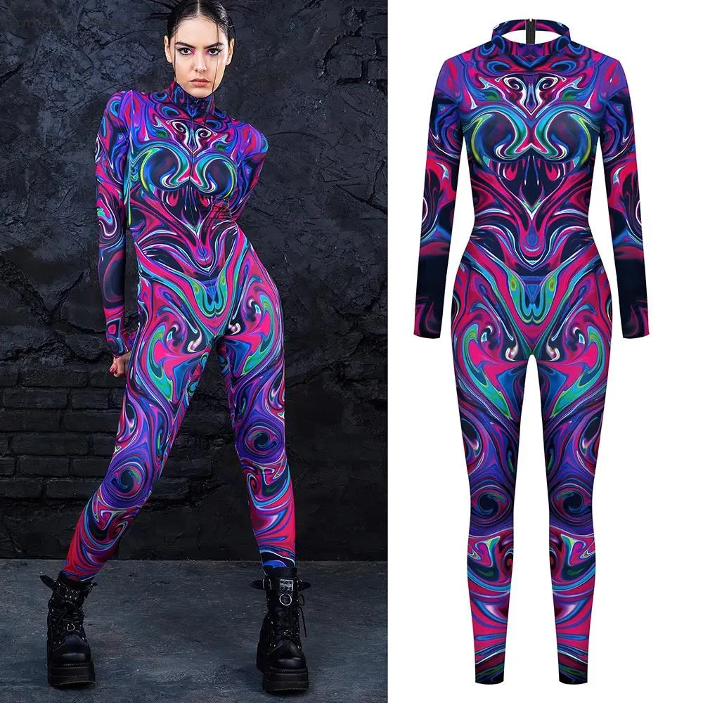 2024 Veelkleurige Print Vakantie Feest Vrouwen Volwassen Ghost Punk Stijl Cosplay Performance Kostuum Bodysuits Rompers