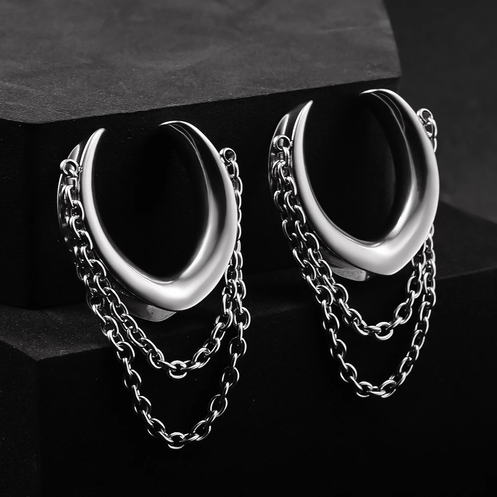 Vankula 2PCS Classic Saddle with Chain for Stretched Ears 316 Stainless Steel Ear cuff Tunels (0G-1\