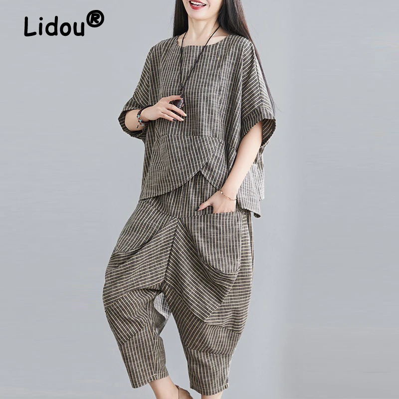 Two Piece Set for Women Summer Cotton Linen Short Sleeve Irregular Tops Female Vintage Striped Print Pockets Baggy Harem Pants