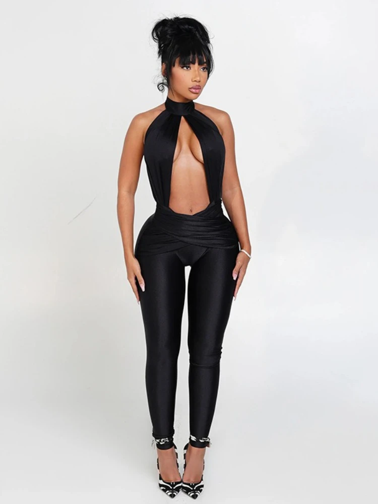 

FDYOUI женская одежда с бретелькой на шее, ажурные комбинезоны, наряд для ночного клуба, женский цельный однотонный боди с открытой спиной, вечерние комбинезоны