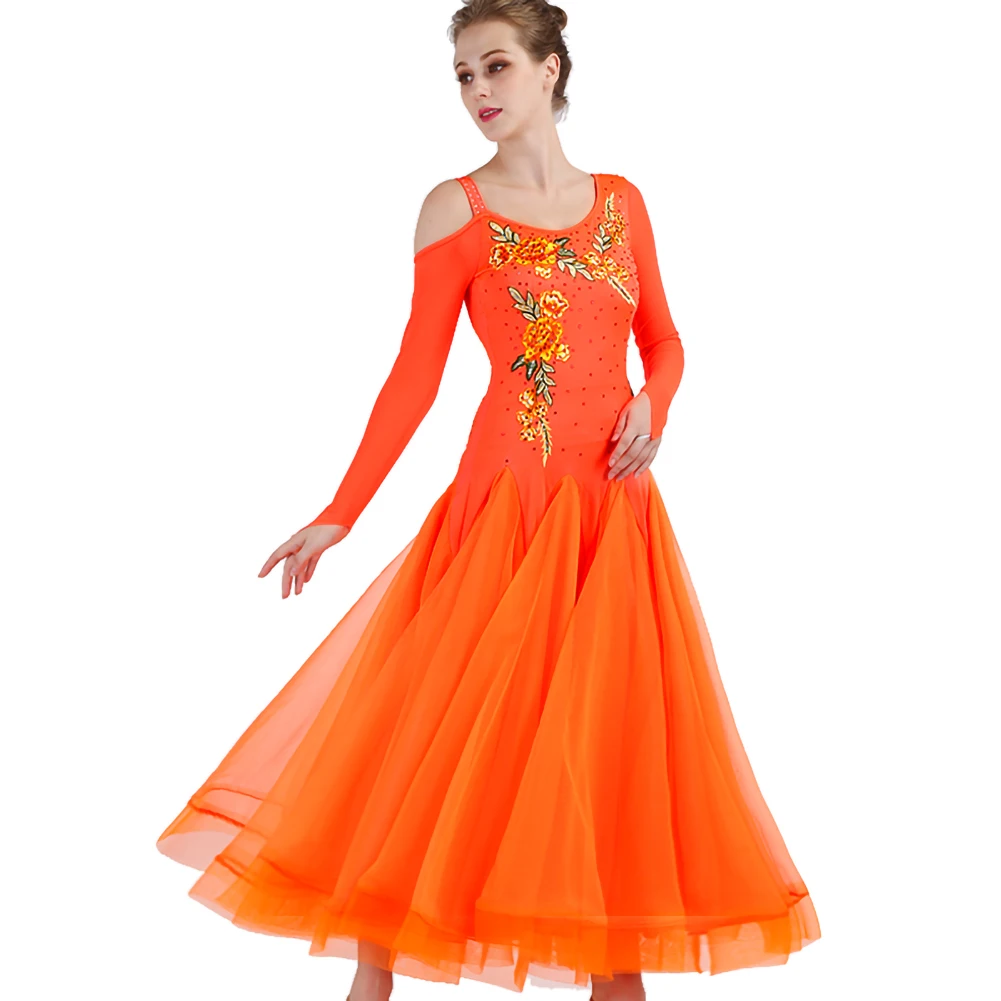 Party Ballroom Dress Decal Flamenco Dress Strap Waltz New Dress Competition Orange Long Sleeve Without Back
