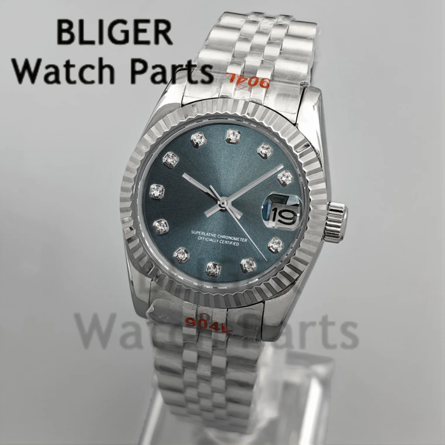 BLIGER 31MM Silver Women's Flute Bezel NH15 Automatic Wristwatch Dark Green Dial Diamond Sapphire Glass Waterproof Steel Strap