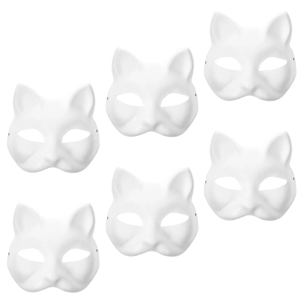 6 Pcs Paper Cat Mask Paintable Blank Halloween Cosplay Accessories Face Men and Women Decor