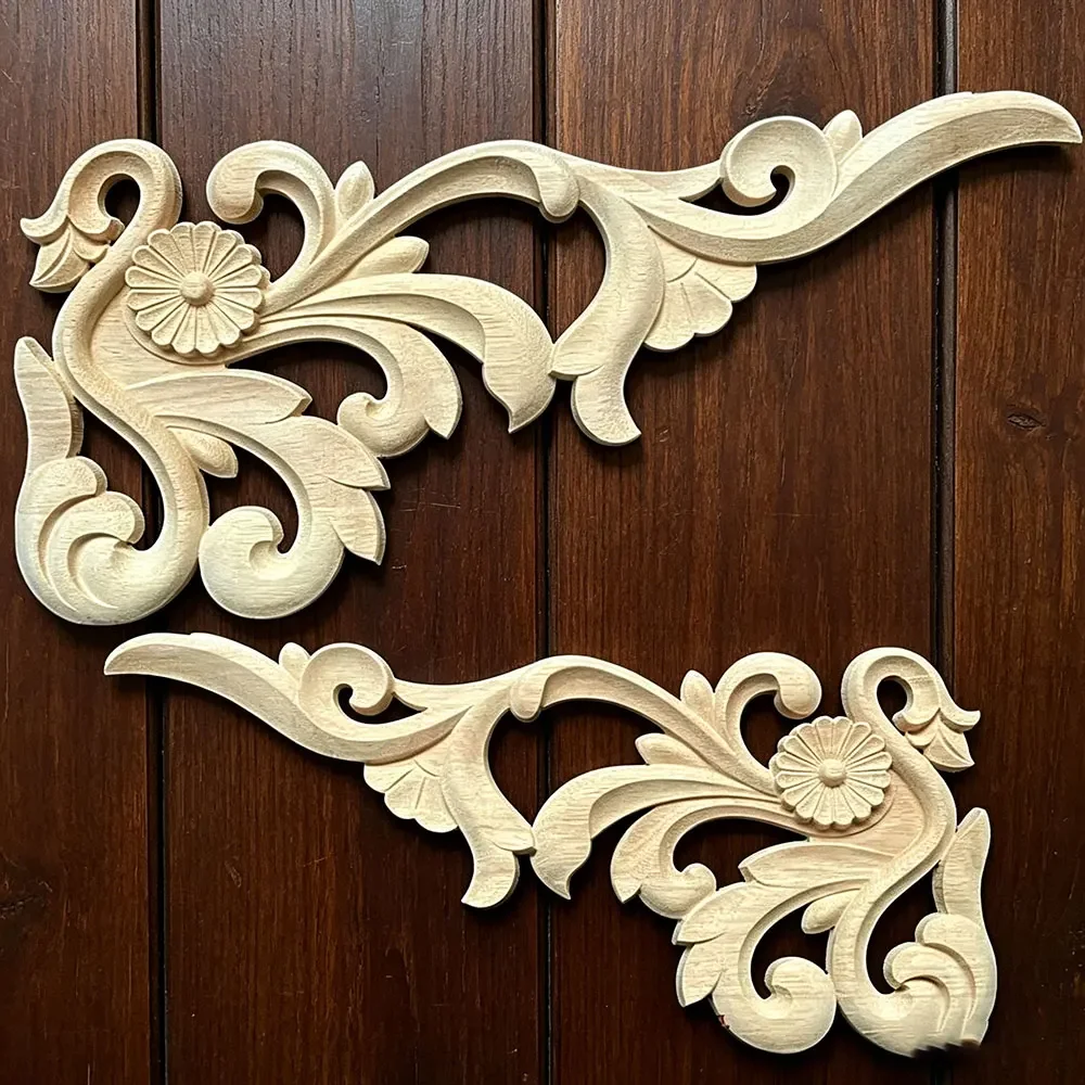 2PCS 40CM Natural Wood Appliques Flower Carving Decals Decorative Wooden Mouldings for Cabinet Door Furniture Decor Figurines
