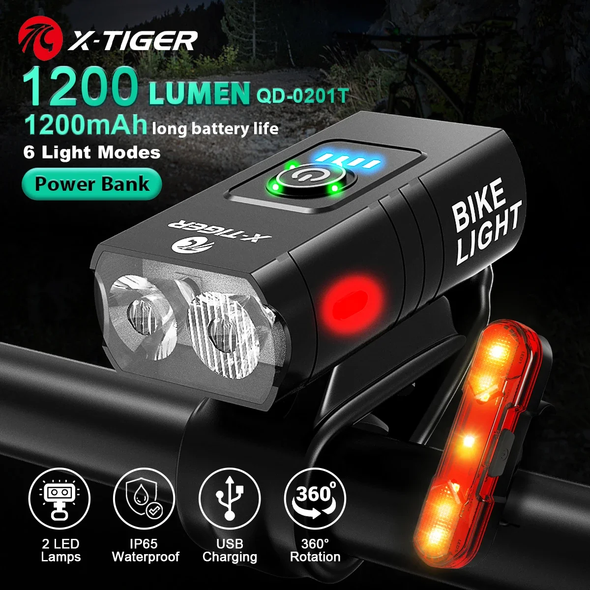 X-TIGER Bike Light Set Front Light with Taillight USB Rechargeable Easy Install 6 Modes Bicycle Accessories for Bicycle Road MTB