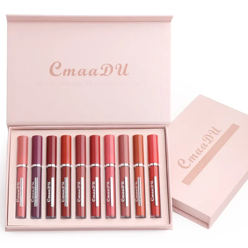 CmaaDu ใหม่ 10 สี/ชุดกันน้ํา Matte Nude ลิปสติก Lip GLOSS Pigment Dark Red Hydrating LipGloss Lip Stick ผู้หญิงแต่งหน้าชุด