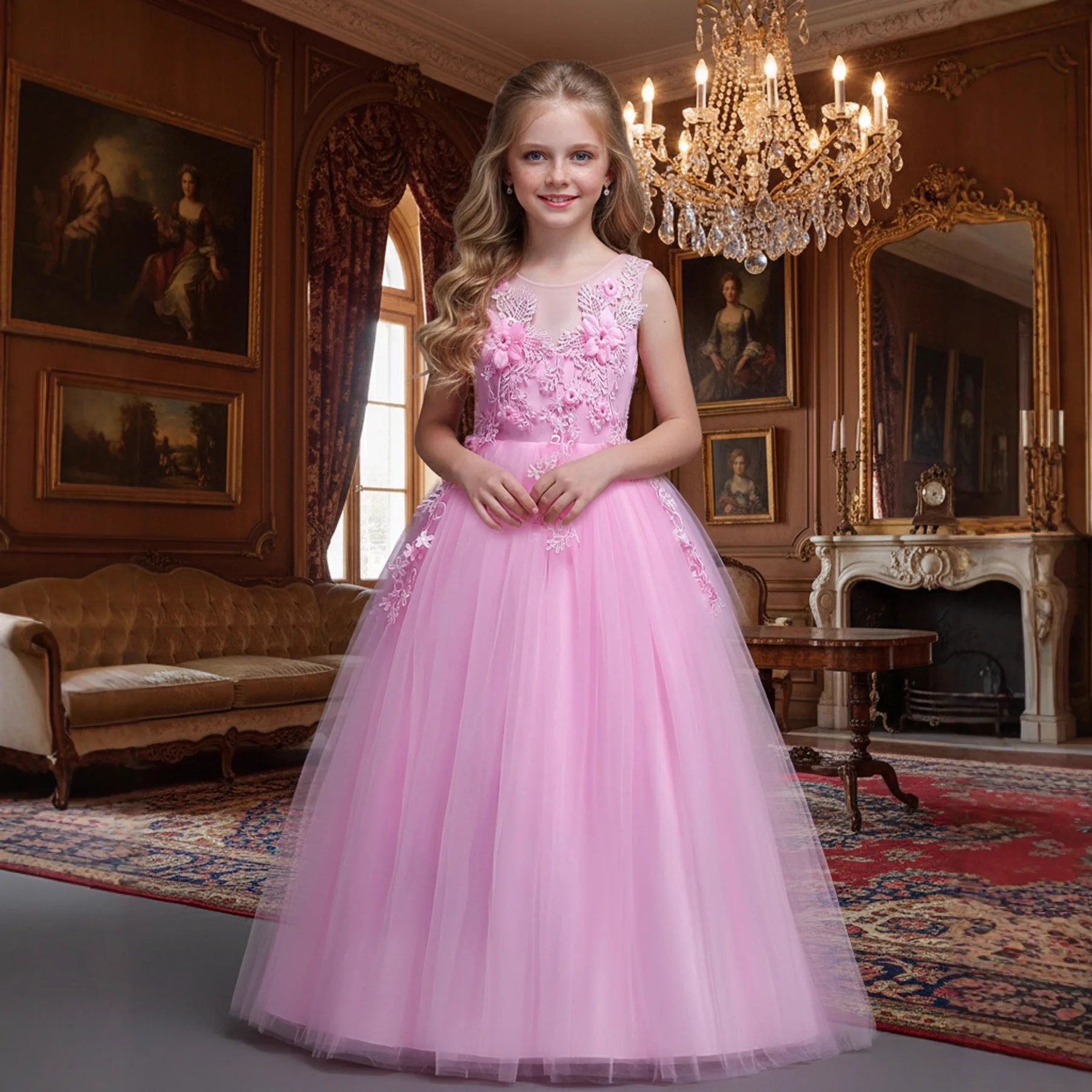 فستان الأميرة الأنيق للأطفال مطرز بالزهور من التول للفتيات لحفلات أعياد الميلاد وحفلات الزفاف وحفلات التواصل الأول فستان ماكسي #3