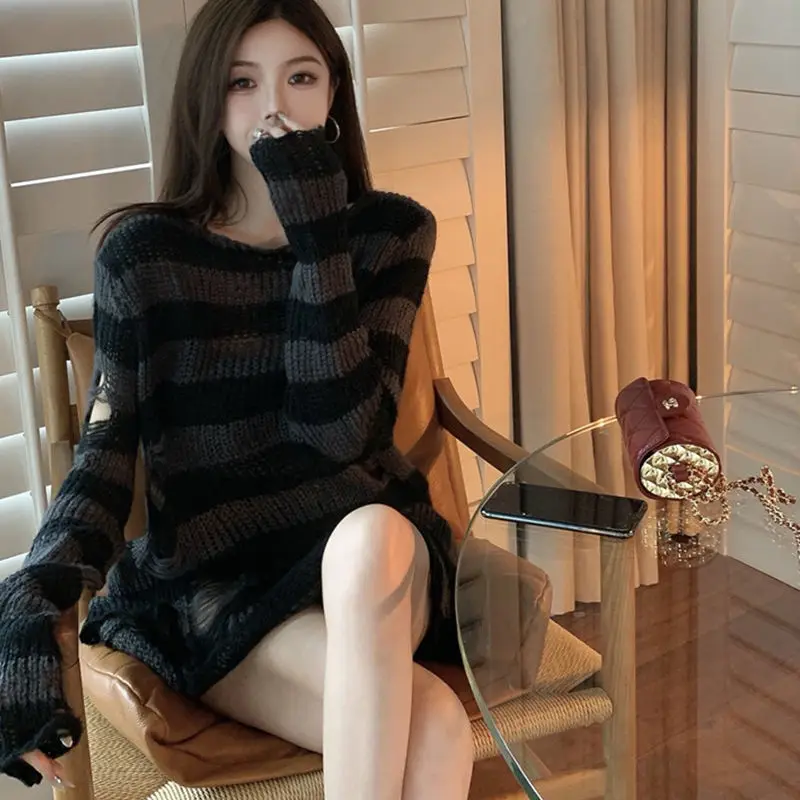 Women Vintage Striped Y2K Harajuku Punk Style Hole Gothic Knitted Sweater Female Oversize Streetwear Long Sleeve Pullover Tops