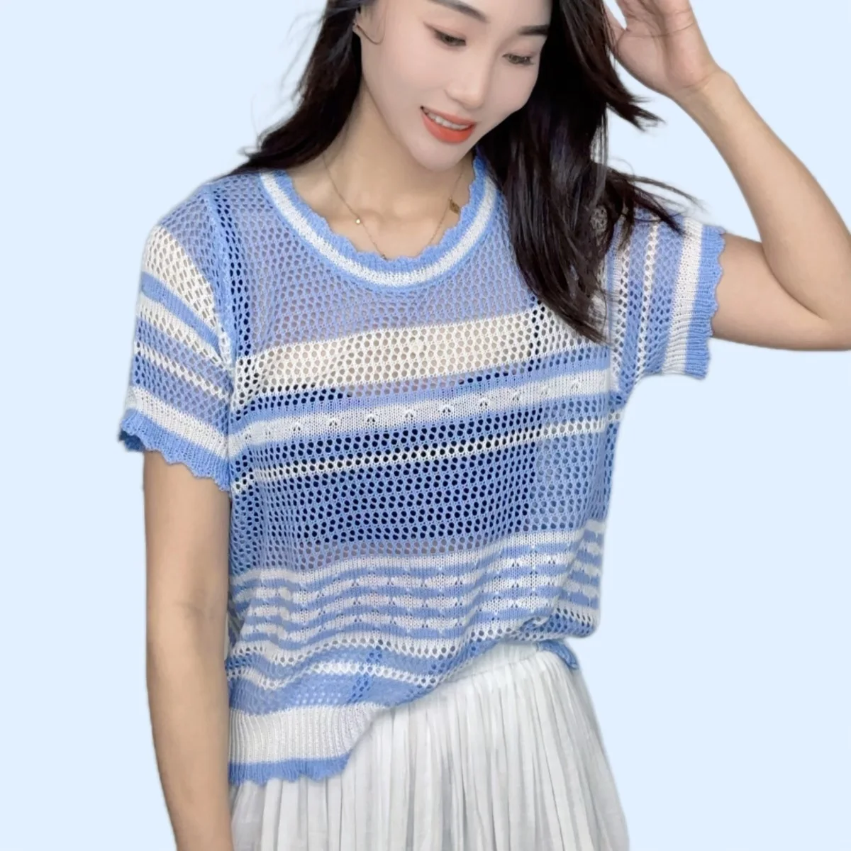

Women's New Summer Short-Sleeved Stripesd Knitwear Simple Commuter Short Knitwear 2025 New Korean Style Casual Women's Top