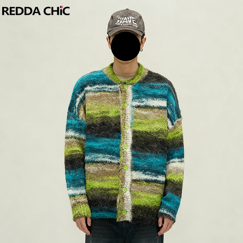 

REDDACHIC мужской кардиган в контрастную полоску, свитер больших размеров, вязаный топ на пуговицах спереди с длинными рукавами, оверсайз, осенняя винтажная одежда