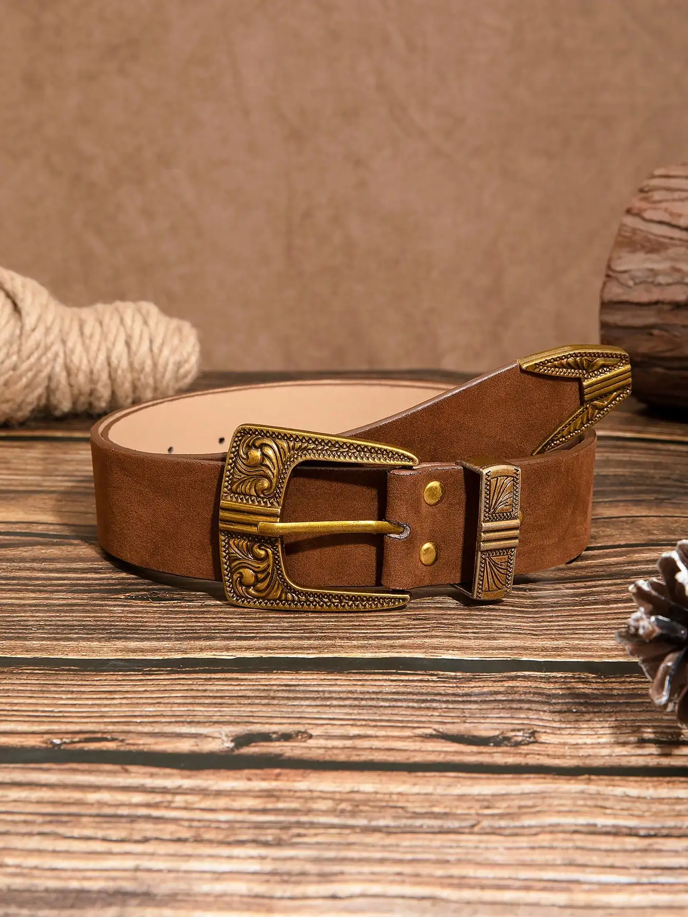 

1 шт. женский коричневый винтажный повседневный бархатный ремень с бронзовой металлической оправой и пряжкой, универсальный ремень для аксессуаров