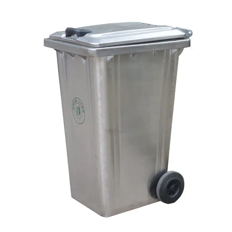 Stainless steel sanitation trailer trash can, large 120-liter fireproof commercial property leather box with wheels