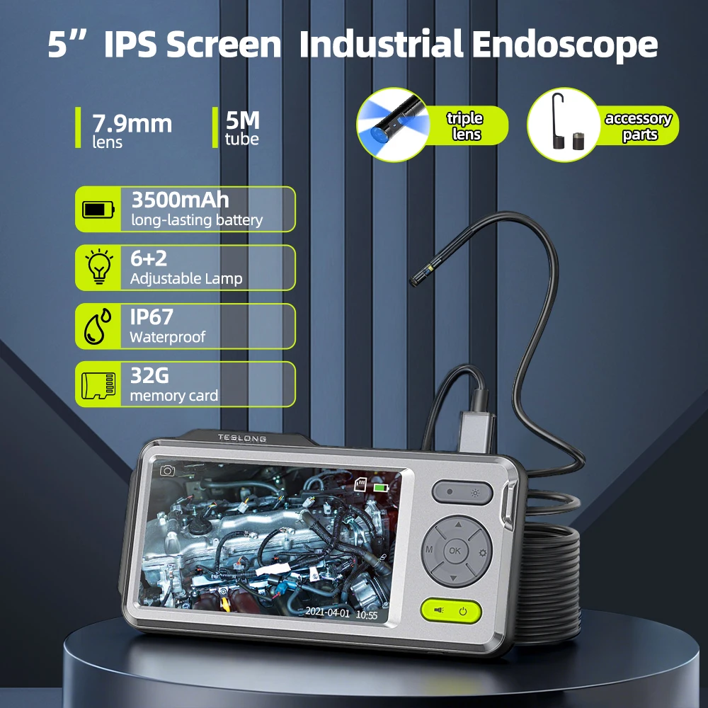 Teslong NTS500B 7.9mm Triple Lens 5 Inch IPS Screen Industrial Endoscope Camera 5m Snake Tube with 32GB