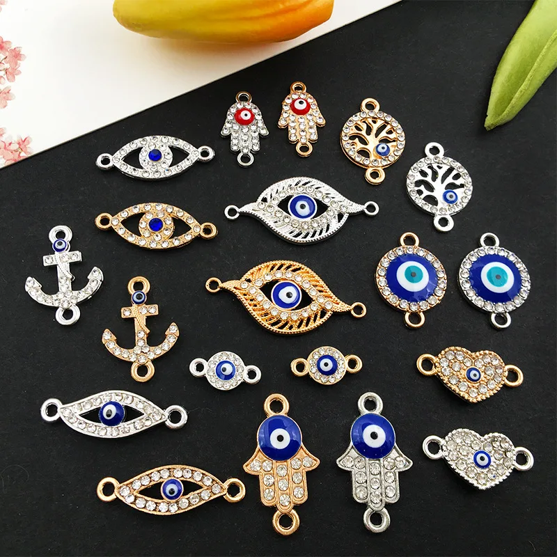KC Silver Color Rhinestone Turkish Evil Eye Charm For Jewelry Making 2 Holes Connector DIY Bracelet Necklace Accessories Supply