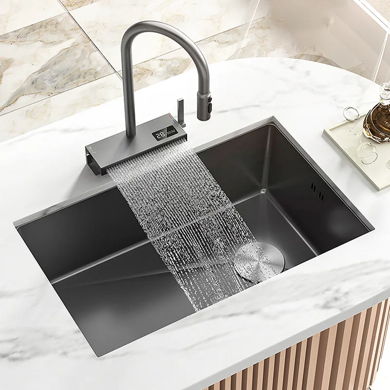 Black Stainless Steel Kitchen Sink Waterfall dishwashing Basin Large Single Household Under The Counter