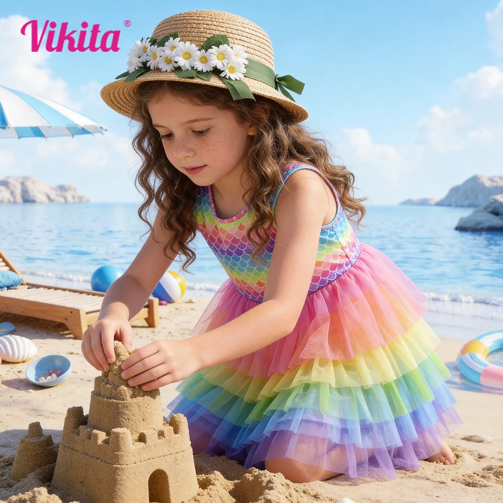 Kinder Meerjungfrau-Schuppen-Tutu-Kleid Ärmelloses Sommerkleid für Mädchen Regenbogen Buntes Mehrfarbiges Tüll-Party-Urlaubskleid